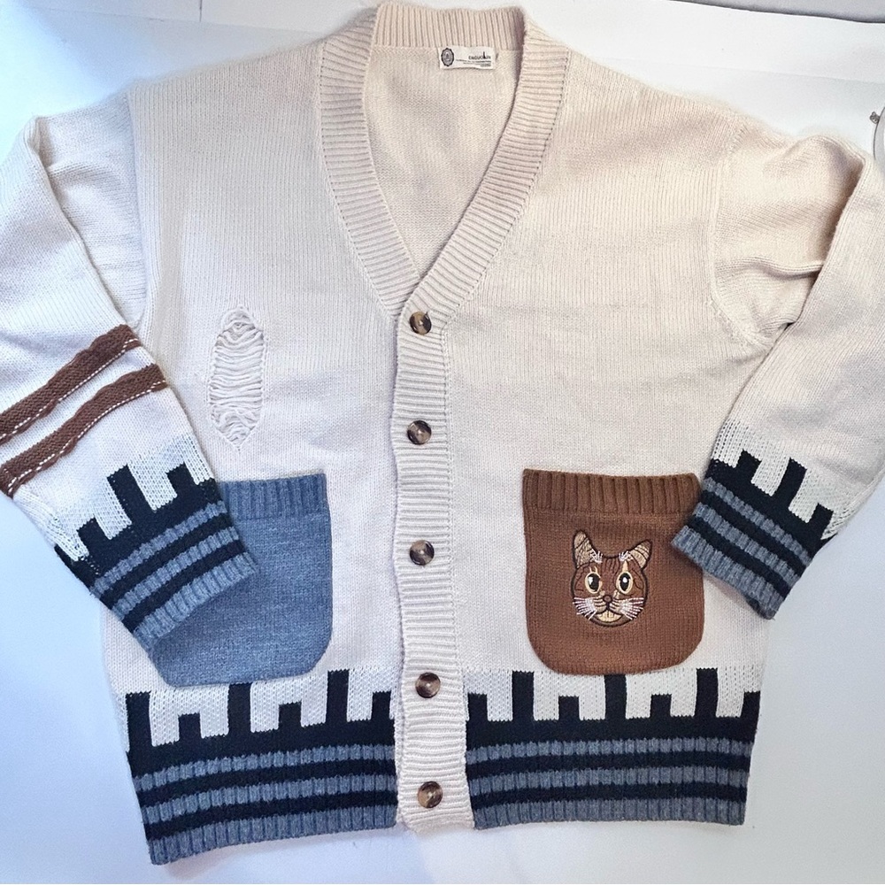 Enguolin Cat Pocket Oversized Cardigan Cream Knit Distressed Indie Twee Size XL - Picture 8 of 11
